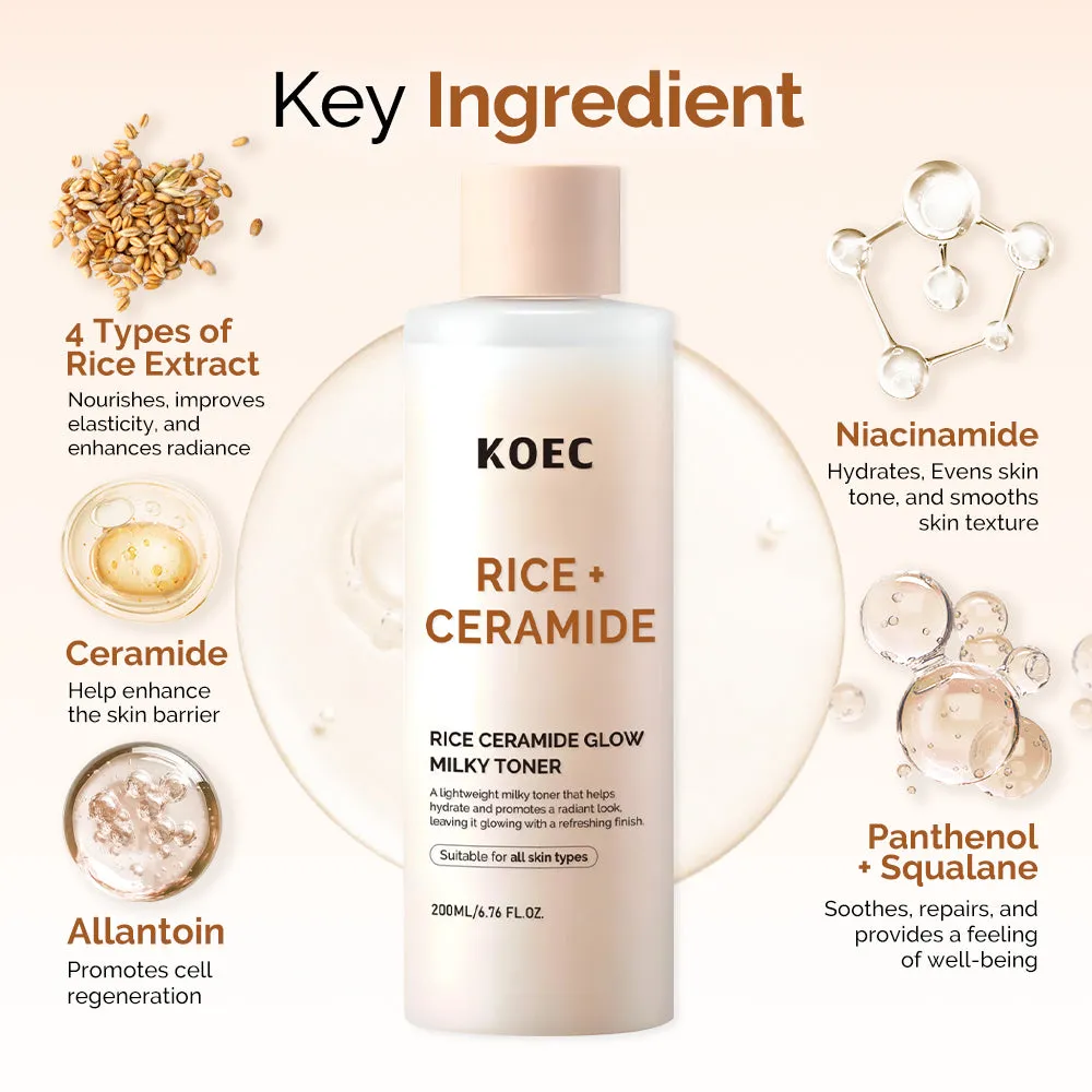 KOEC Rice Ceramide Glow Milky Toner 200 ml til tør hud